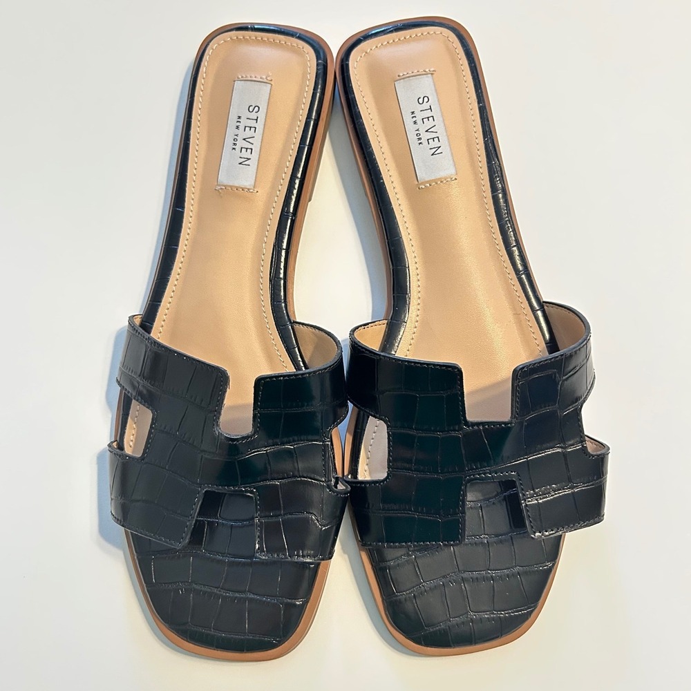 Steven by Steve Madden Sandals 10 Black Croc Embossed‎ H-Band Flat Slides